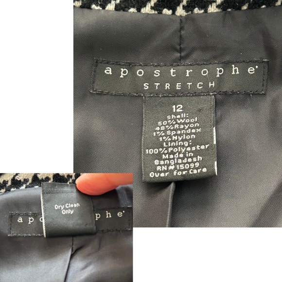 apostrophe Tailored Black/Off White Houndstooth Stretch Wool Blend Coat Size 12 - Picture 8 of 12